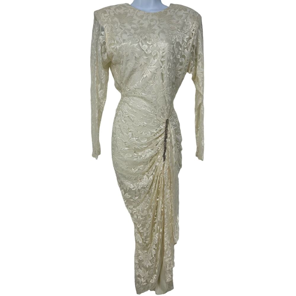 VTG Ivory Lace Long Sleeve Fitted Wedding Prom Midi Dress Rhinestones Slit Sz XS